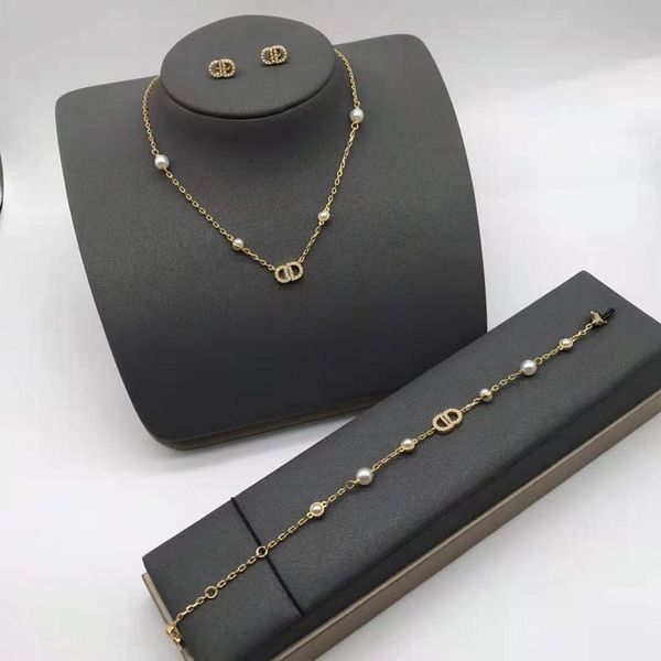 chains 14k gold necklace for women pearl bracelet earrings clavicle neck 925 silver needle